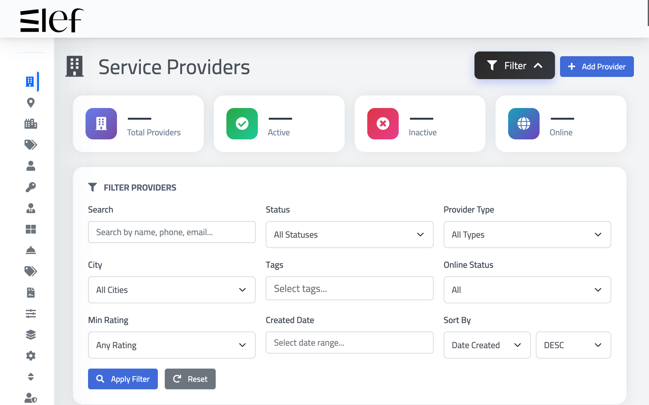 Elef admin console provider list